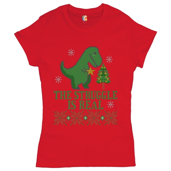 Tee Hunt The Struggle is Real T-Shirt Funny T-Rex Ugly Sweater Christmas Women's T-Shirt Tee, Red, XX-Large