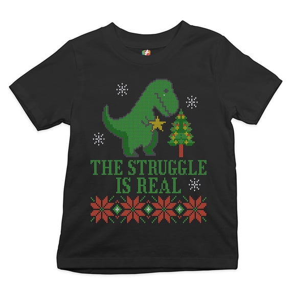 Tee Hunt The Struggle is Real Youth T-Shirt Funny T-Rex Ugly Sweater Christmas Kids, Black, Large