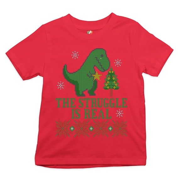 Tee Hunt The Struggle is Real Youth T-Shirt Funny T-Rex Ugly Sweater Christmas Kids, Red, Large