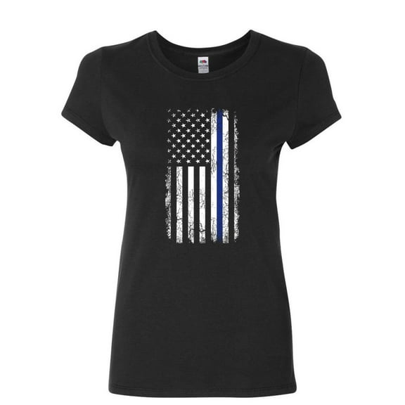 Tee Hunt Thin Blue Line American Flag Women's T-Shirt Stars and Stripes Police Shirt