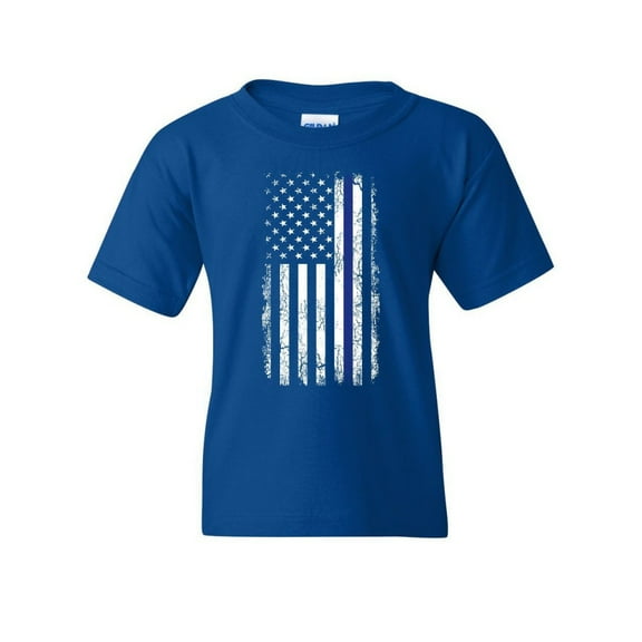 Tee Hunt Thin Line American Flag Youth T-Shirt Stars and Stripes Police Kids Tee, Blue, Small