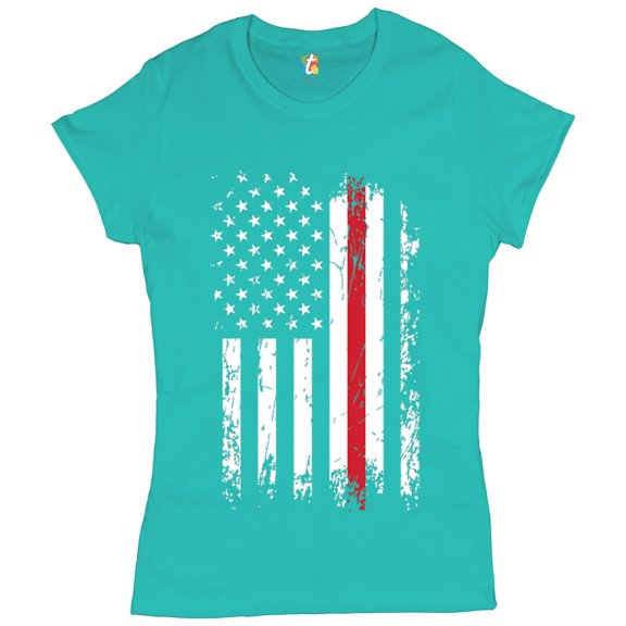 Tee Hunt Thin Red Line T-Shirt American Flag Firefighter Fire Department Women's T-Shirt Tee, Light Blue, Small