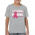 thumbnail image 1 of Tee Hunt Think Youth T-Shirt Breast Cancer Awareness Ribbon Kids, Gray, Medium, 1 of 5