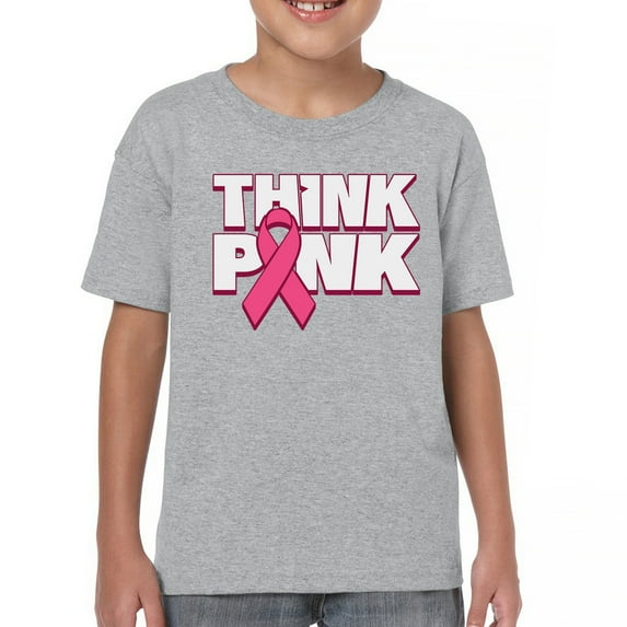 Tee Hunt Think Youth T-Shirt Breast Cancer Awareness Ribbon Kids, Gray, Medium