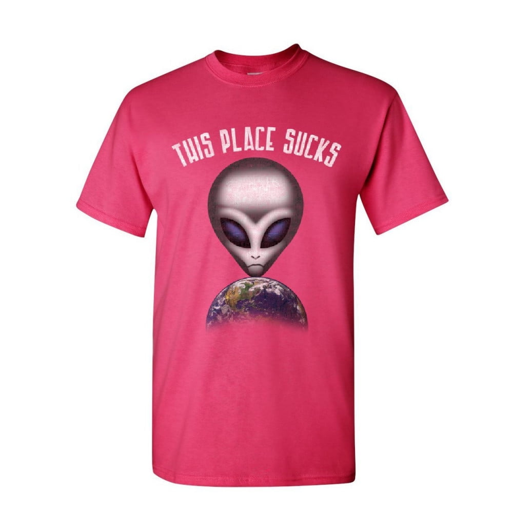 Tee Hunt This Place Sucks Women's T-Shirt Funny UFO Alien Space Universe  Earth Shirt, Red, 3X-Large
