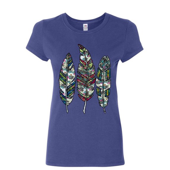 Tee Hunt Three Feathers Women's T-Shirt Cute Nature Wildlife Ornament Colorful Shirt, Blue, Small