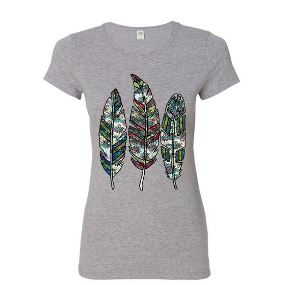 Tee Hunt Three Feathers Women's T-Shirt Cute Nature Wildlife Ornament Colorful Shirt, Gray, X-Large