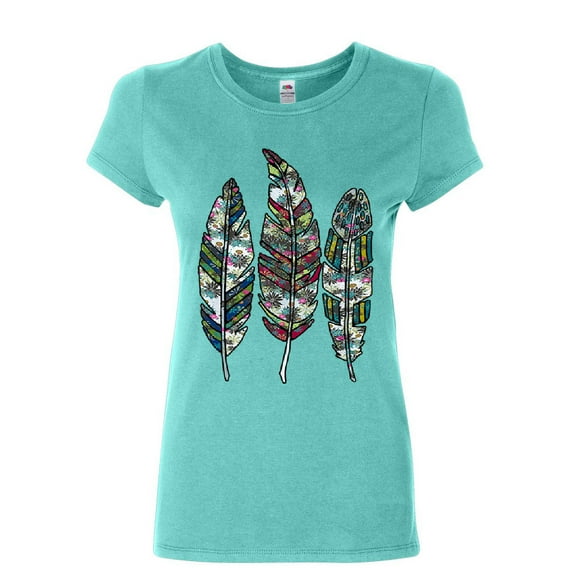 Tee Hunt Three Feathers Women's T-Shirt Cute Nature Wildlife Ornament Colorful Shirt, Light Blue, X-Large