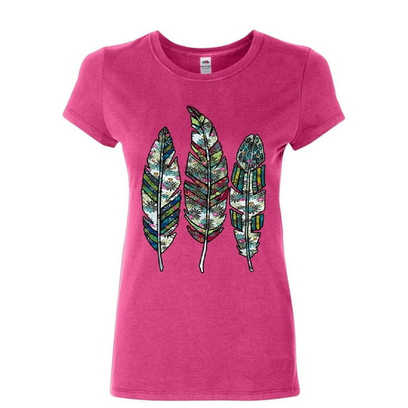 Tee Hunt Three Feathers Women's T-Shirt Cute Nature Wildlife Ornament Colorful Shirt, Pink, Large