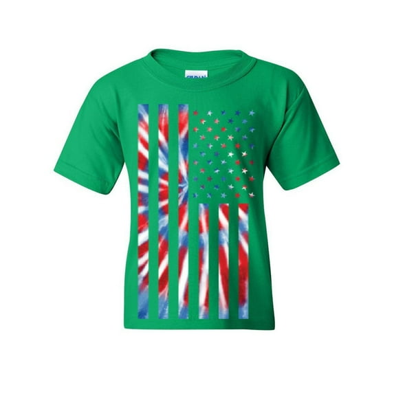 Tee Hunt Tie-dye American Flag Youth T-Shirt 4th of July Stars and Stripes, Green, Medium