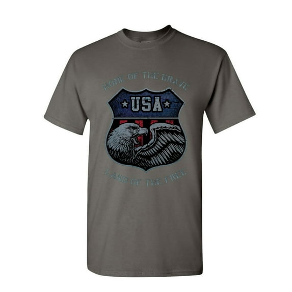 Tee Hunt USA Shield Patriotic T-Shirt Home of The Brave Land of The Free Mens, Charcoal, 3X-Large