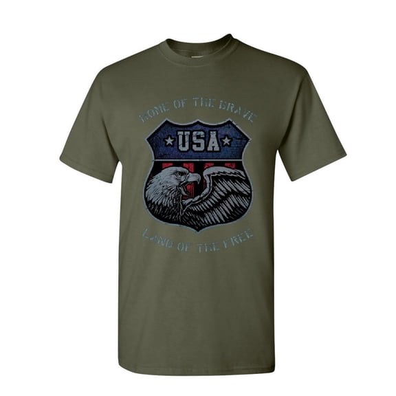 Tee Hunt USA Shield Patriotic T-Shirt Home of The Brave Land of The Free Mens, Military Green, Small