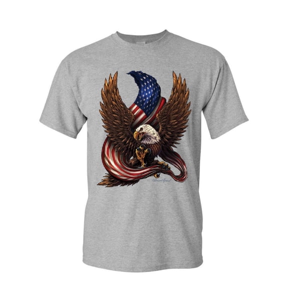 Tee Hunt USA Stars and Stripes T-Shirt Patriot American Pride Bald Eagle Mens Shirt, Gray, Large