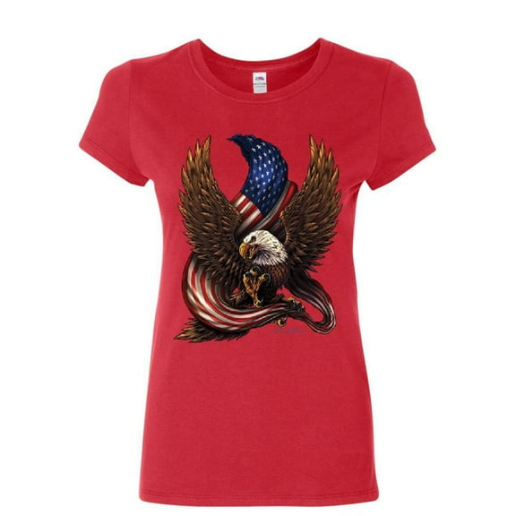 Tee Hunt USA Stars and Stripes Women's T-Shirt Patriot American Pride Bald Eagle Shirt, Red, Small