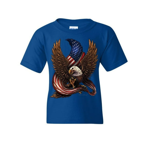 Tee Hunt USA Stars and Stripes Youth T-Shirt Patriot American Pride Bald Eagle Kids Tee, Blue, X-Large