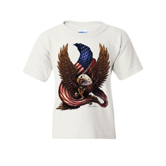 Tee Hunt USA Stars and Stripes Youth T-Shirt Patriot American Pride Bald Eagle Kids Tee, White, Large