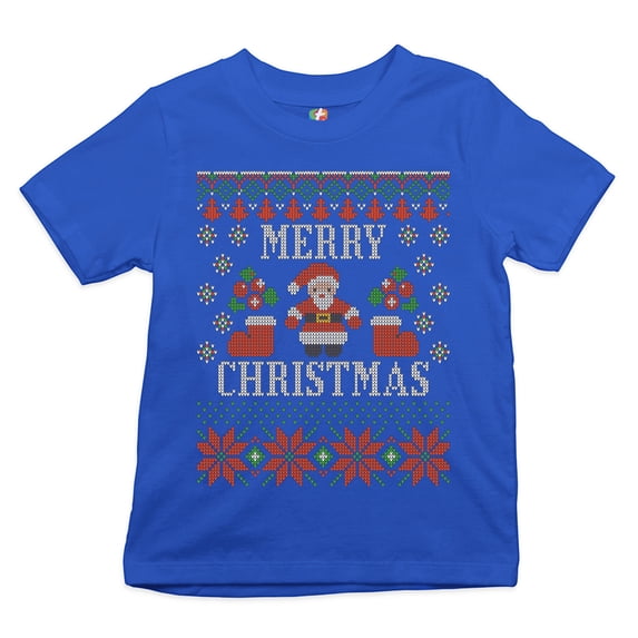 Tee Hunt Ugly Sweater Santa Claus Youth T-Shirt Let it Snow Christmas Jingle Bells Kids, Blue, Large