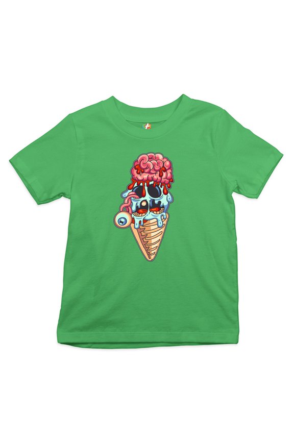 Undead Zombie Ice Cream Youth T-Shirt Happy Halloween Eat Brains Kids, Green, Small