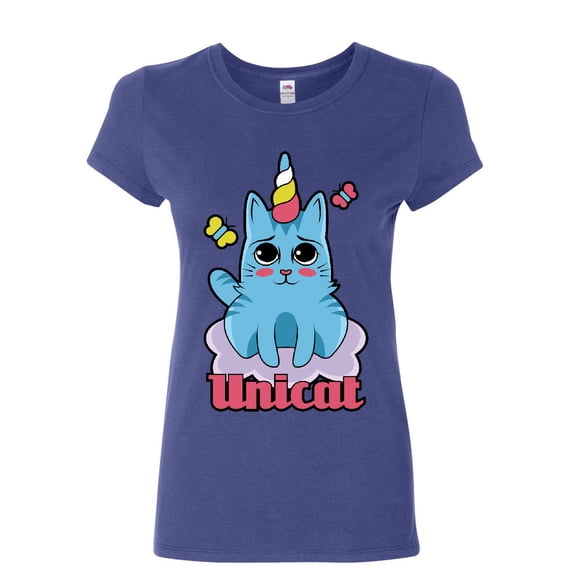Tee Hunt Unicat Women's T-Shirt Cute Adorable Unicorn Cat Lady Kitten Fairy Tale Shirt, Blue, Small