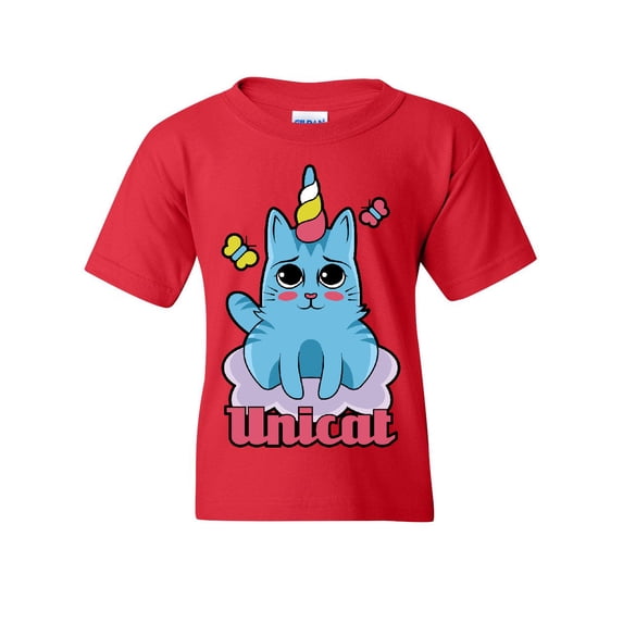 Tee Hunt Unicat Youth T-Shirt Cute Adorable Unicorn Cat Lady Kitten Fairy Tale Kids Tee, Red, Large