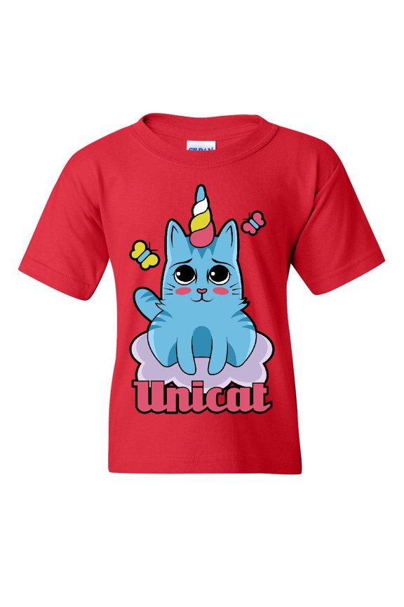 Unicat Youth T-Shirt Cute Adorable Unicorn Cat Lady Kitten Fairy Tale Kids Tee, Red, Large