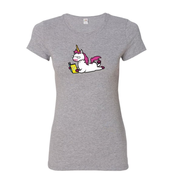 Tee Hunt Unicorn Bookworm Women's T-Shirt Funny College Student Nerd Geek Study Shirt, Gray, Large