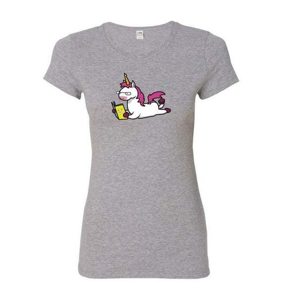 Tee Hunt Unicorn Bookworm Women's T-Shirt Funny College Student Nerd Geek Study Shirt, Gray, Small