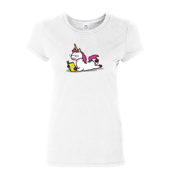 Tee Hunt Unicorn Bookworm Women's T-Shirt Funny College Student Nerd Geek Study Shirt, White, X-Large
