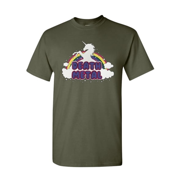 Tee Hunt Unicorn Death Metal T-Shirt Rainbow Hilarious Cute Heavy Music Mens Shirt, Military Green, X-Large