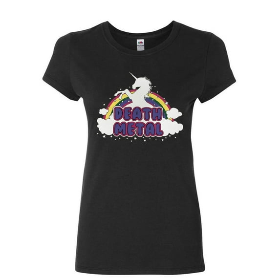 Tee Hunt Unicorn Death Metal Women's T-Shirt Rainbow Hilarious Cute Heavy Music Shirt
