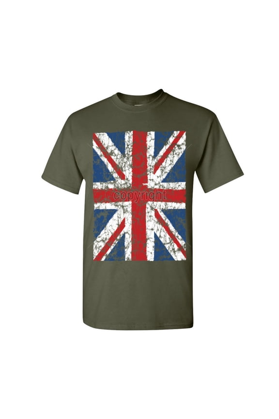 Union Jack T-Shirt United Kingdom Distressed British Flag Shirt, Military Green, Large
