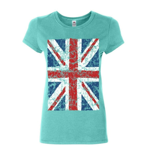 Tee Hunt Union Jack Women's T-Shirt United Kingdom Distressed British Flag Shirt, Light Blue, Small