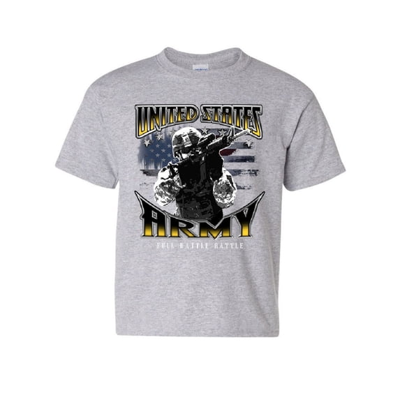 Tee Hunt United States Army Youth T-Shirt American Soldier Full Battle Rattle Kids Tee, Gray, Small