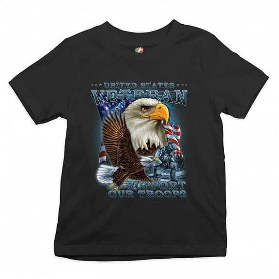 Tee Hunt United States Veteran Youth T-Shirt Support Our Troops American Eagle Kids, Black, Medium