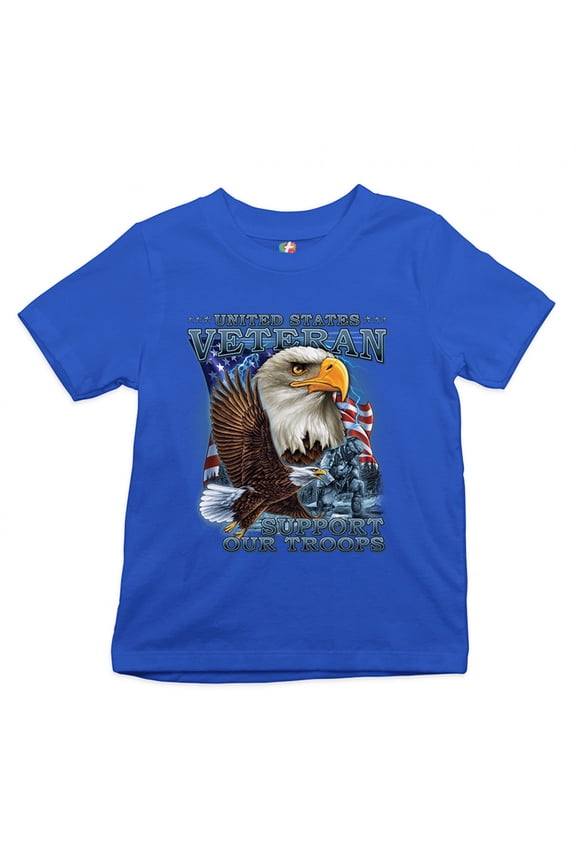 United States Veteran Youth T-Shirt Support Our Troops American Eagle Kids, Blue, Small