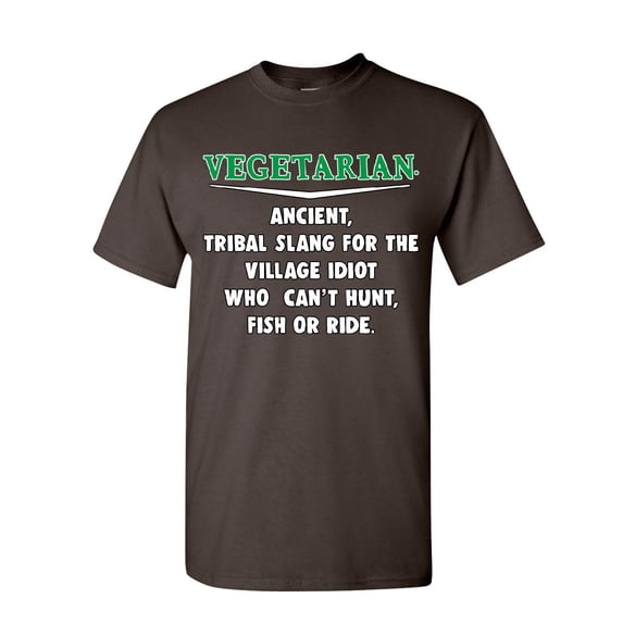 Tee Hunt Vegetarian Definition T-Shirt Offensive Village Idiot Vegan Meat Mens Shirt, Brown, 4X-Large