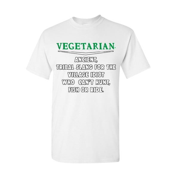 Tee Hunt Vegetarian Definition T-Shirt Offensive Village Idiot Vegan Meat Mens Shirt, White, Medium
