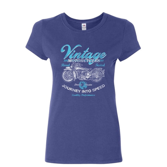 Tee Hunt Vintage Motorcycles Women's T-Shirt Biker Route 66 Road Tested MC Shirt, Blue, Small