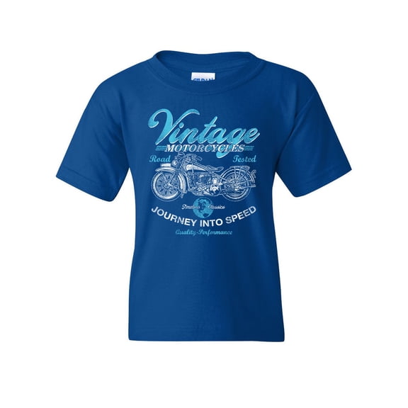 Tee Hunt Vintage Motorcycles Youth T-Shirt Biker Route 66 Road Tested MC Kids Tee, Blue, X-Large