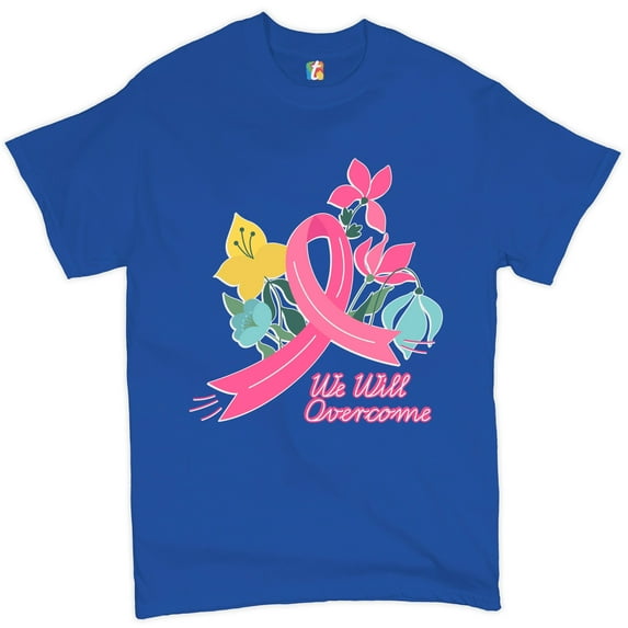 Tee Hunt We Will Overcome T-Shirt Ribbon Breast Cancer Awareness Men's Tee, Blue, X-Large