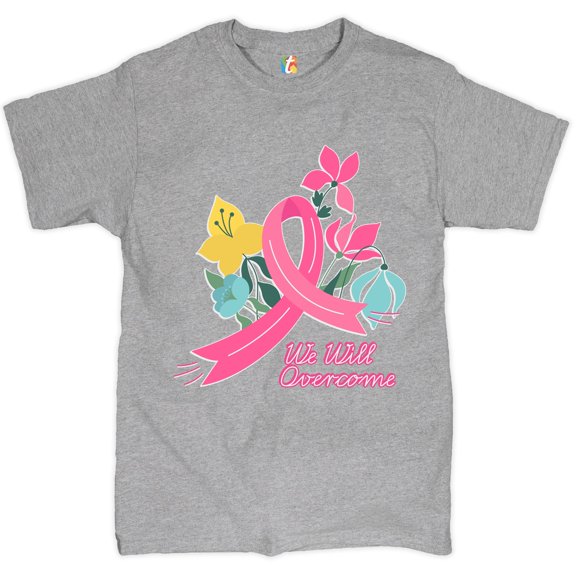 Tee Hunt We Will Overcome T-Shirt Ribbon Breast Cancer Awareness Men's Tee, Gray, Large