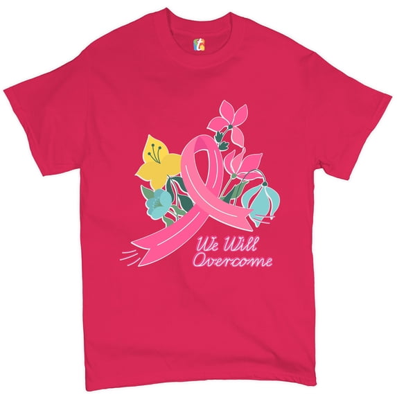 Tee Hunt We Will Overcome T-Shirt Ribbon Breast Cancer Awareness Men's Tee, Hot Pink, X-Large