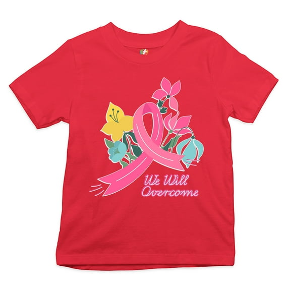 Tee Hunt We Will Overcome Youth T-Shirt Pink Ribbon Breast Cancer Awareness Kids, Red, Large