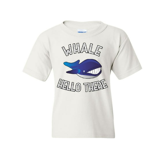 Tee Hunt Whale Hello There Youth T-Shirt Funny Wildlife Ocean Cute Pun Wordplay Kids Tee, White, Medium