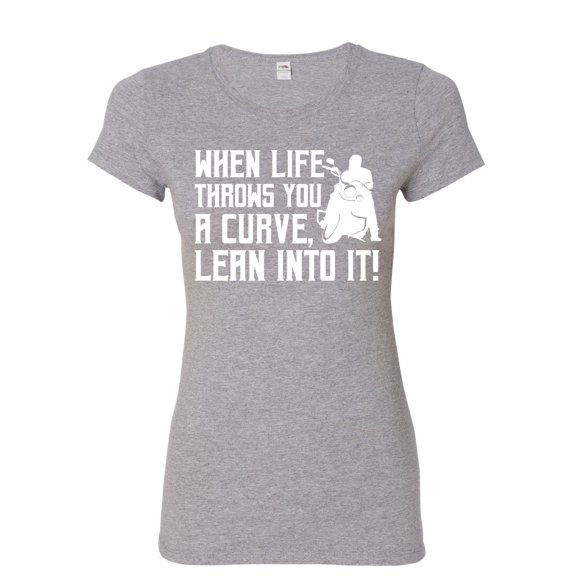 Tee Hunt When Life Throws You a Turn Women's T-Shirt Motorcycle MC Biker Chopper Shirt, Gray, Large