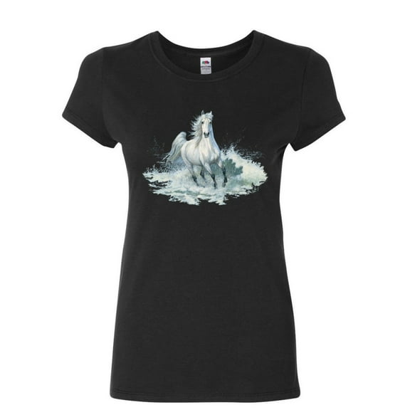 Tee Hunt White Horse Splashing Water Women's T-Shirt Animal Wild Nature Mustang Shirt, Black, X-Large