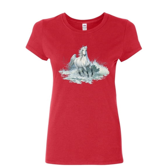 Tee Hunt White Horse Splashing Water Women's T-Shirt Animal Wild Nature Mustang Shirt, Red, Medium