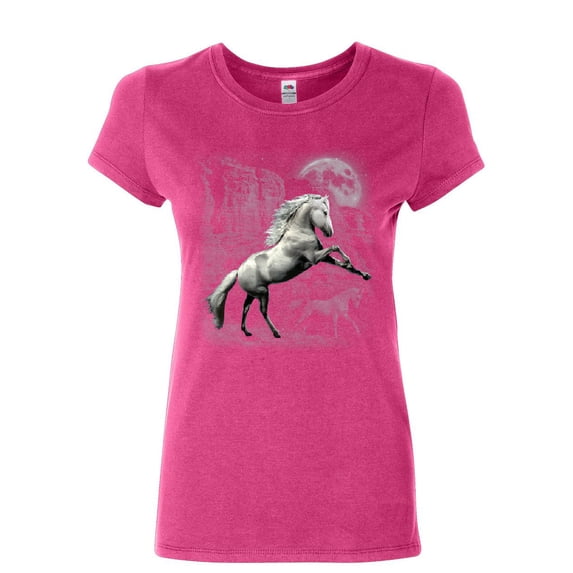 Tee Hunt White Wild Horse Women's T-Shirt Mustang Nature Animal Lovers Wildlife Shirt, Pink, Small