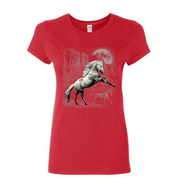 Tee Hunt White Wild Horse Women's T-Shirt Mustang Nature Animal Lovers Wildlife Shirt, Red, Medium