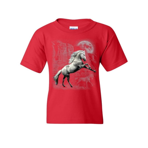 Tee Hunt White Wild Horse Youth T-Shirt Mustang Nature Animal Lovers Wildlife Kids Tee, Red, Large